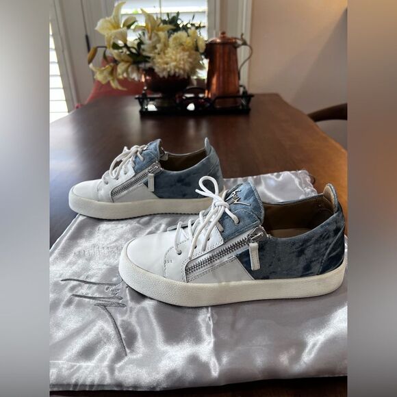 Giuseppe Zanotti Blue Velvet & Leather Sneakers 37 (US 6.5) Made in Italy Luxury - Picture 2 of 11